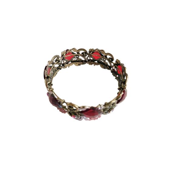 Vintage Red Floral Enamel & Glass Bracelet - Picture 9 of 10